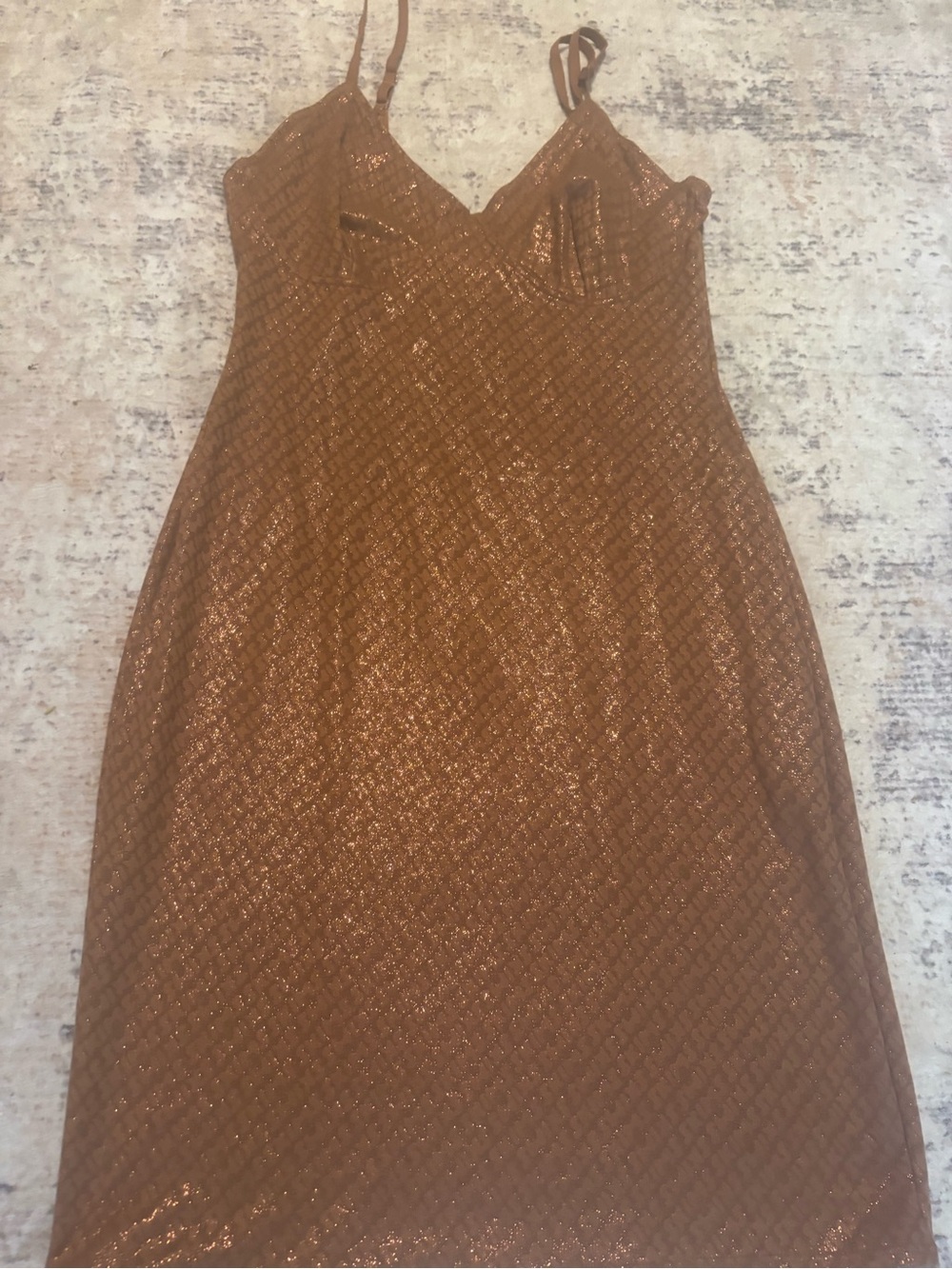 SKIMS Metallic Copper Midi Slip Dress with Spaghetti Straps